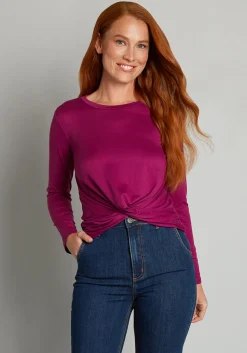 ModCloth A Twist Of Fun Long Sleeve Knit Top Fuchsia Sale