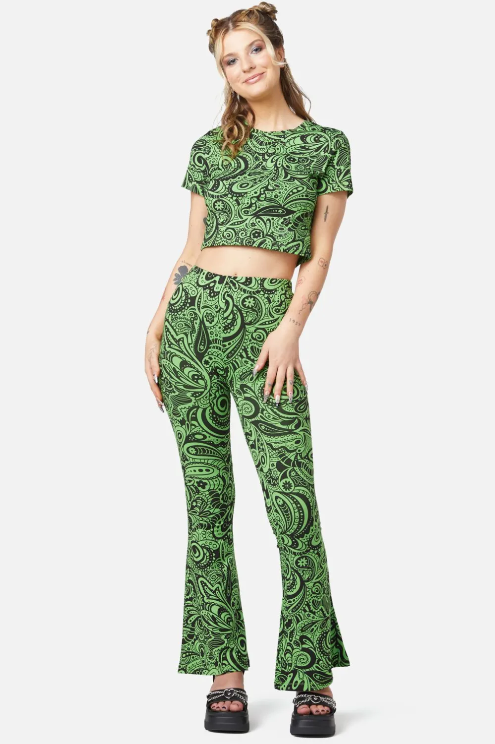Acid Paisley Jersey Flares Discount