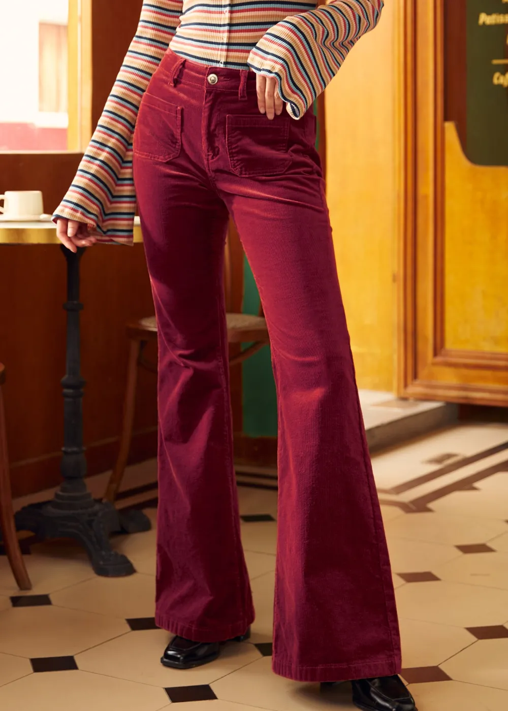 EZ Apparel All Aboard For Corduroy Flare-Leg Pants Winter Berry Outlet