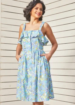 Hangzhou HS Fashion Corporation Ltd. Beckoning The Berkshires Fit and Flare Dress Sea Blue Floral Clearance