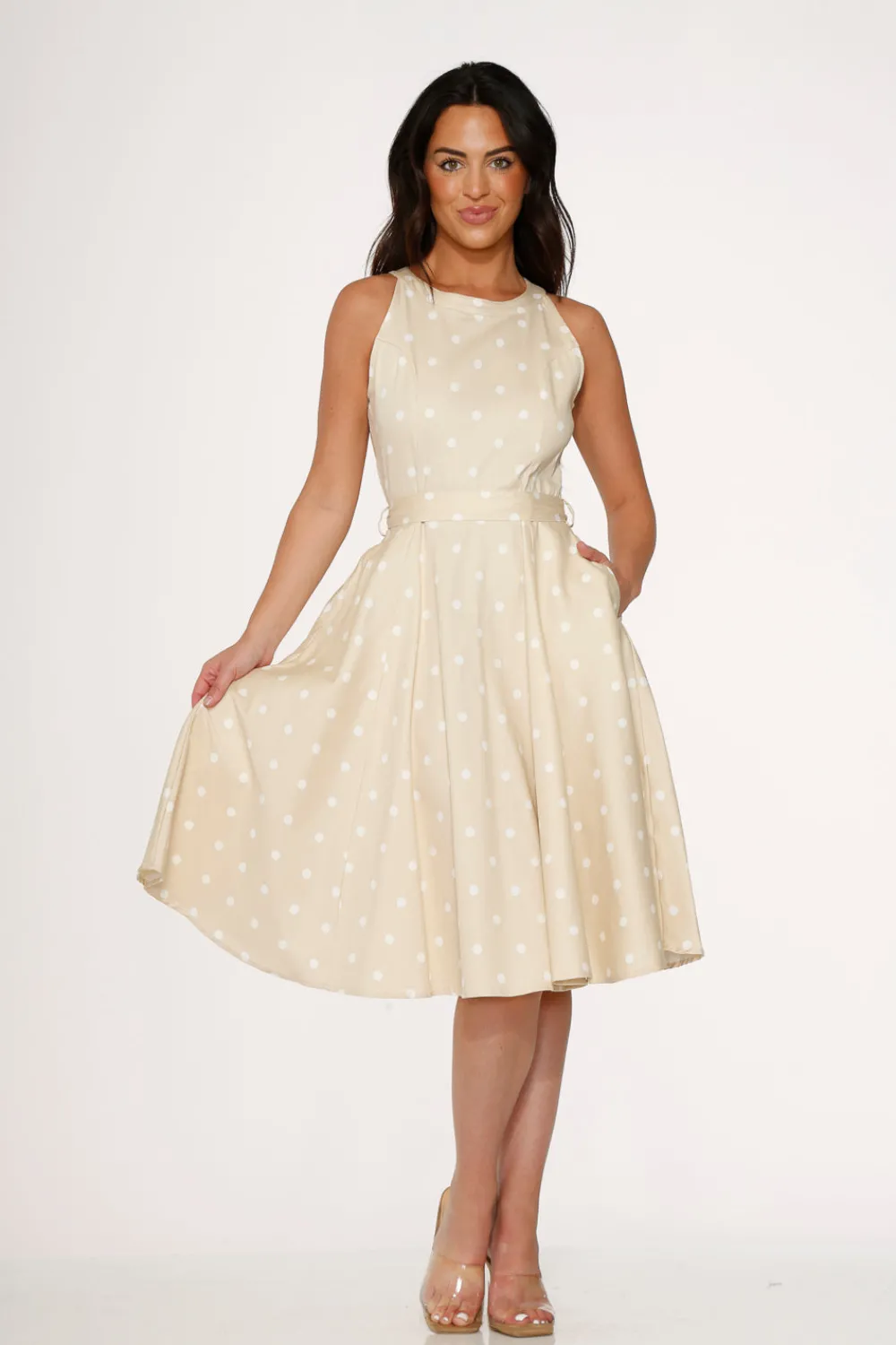 & White Polka Dot Swing Dress Beige Best