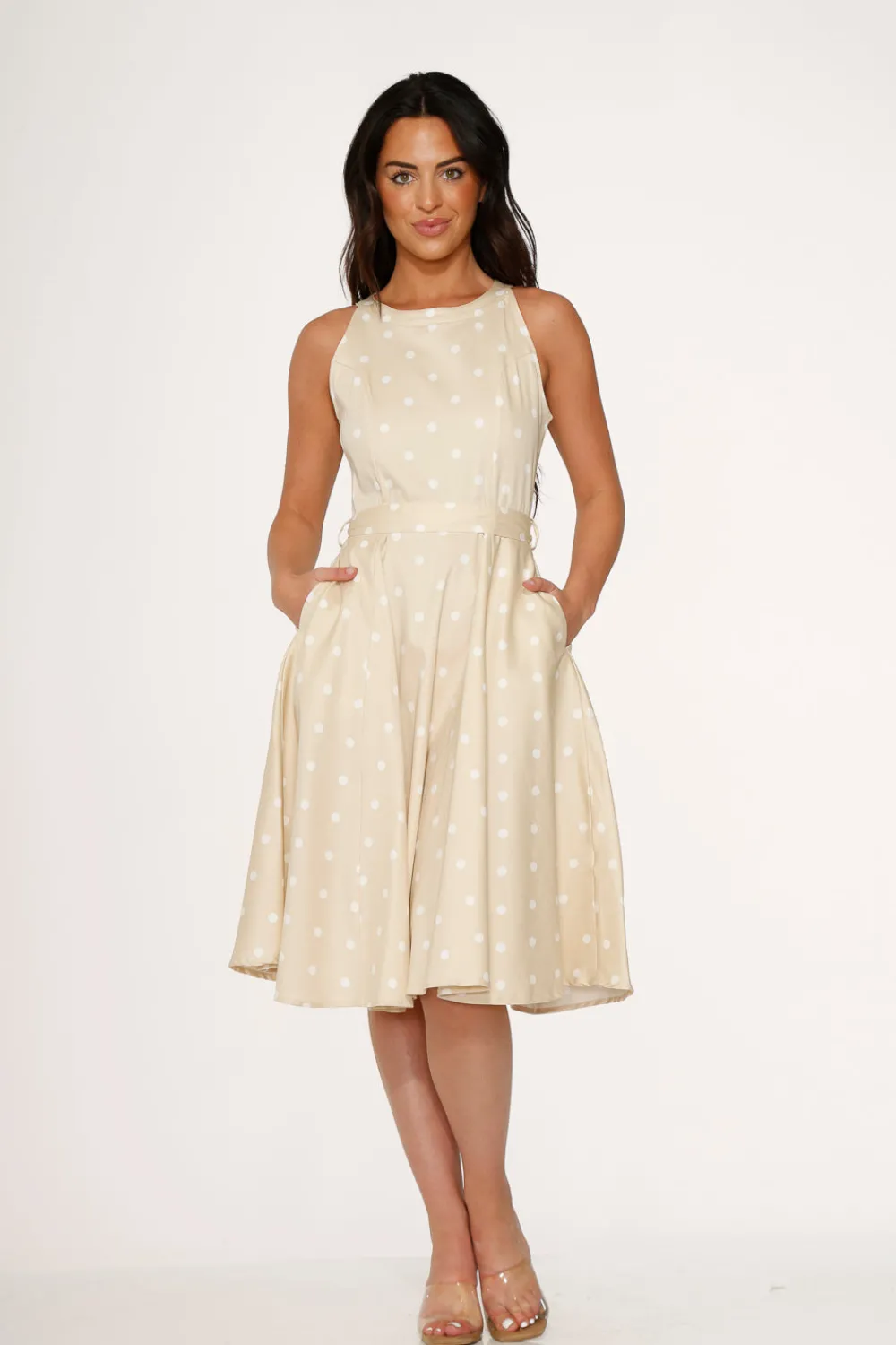 & White Polka Dot Swing Dress Beige Best