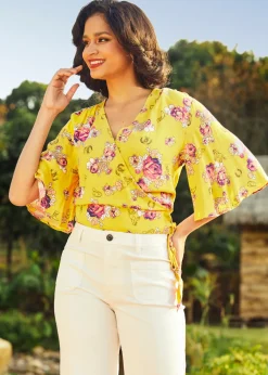 Amos Eastern Apparel Inc. Best Is Yet to Come Wrap Top Yellow Floral Clearance