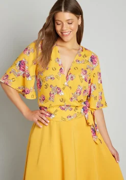 Amos Eastern Apparel Inc. Best Is Yet to Come Wrap Top Yellow Floral Clearance