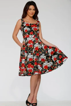 Black & Red Rose Skulls Swing Dress Clearance