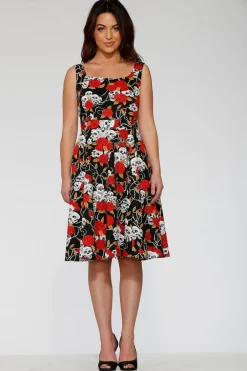 Black & Red Rose Skulls Swing Dress Clearance