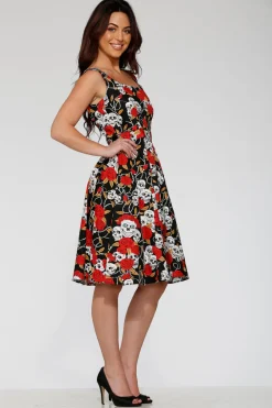 Black & Red Rose Skulls Swing Dress Clearance