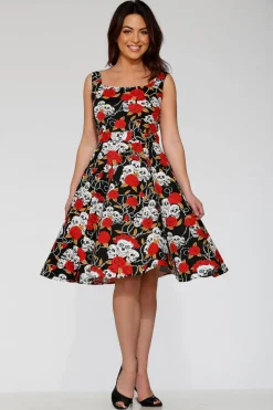 Black & Red Rose Skulls Swing Dress Clearance