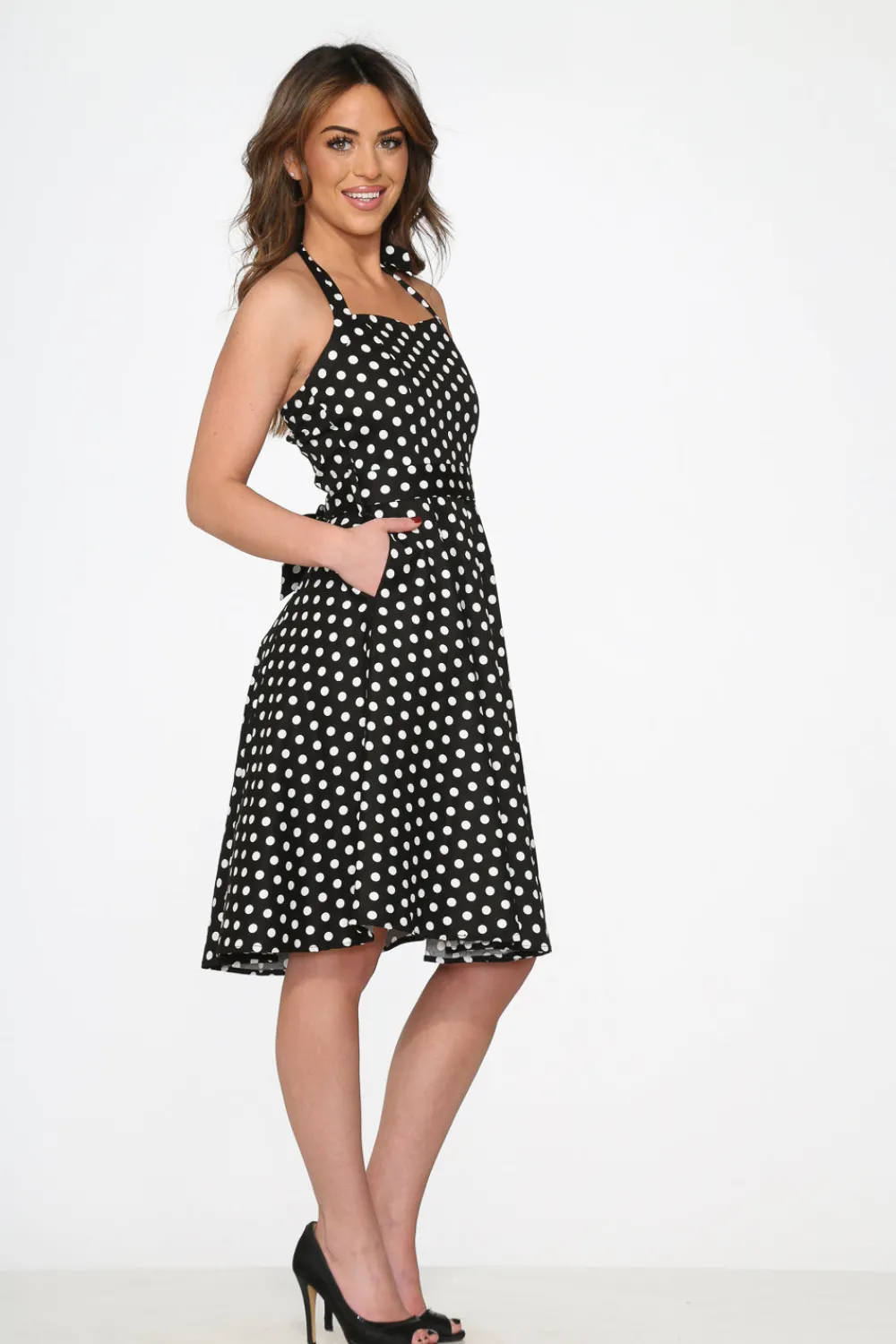 Black & White Polka Dot Halter Swing Dress Sale