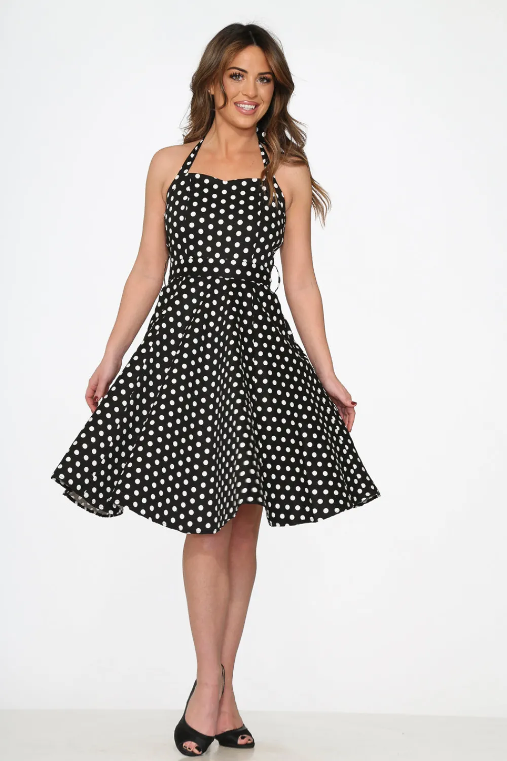 Black & White Polka Dot Halter Swing Dress Sale