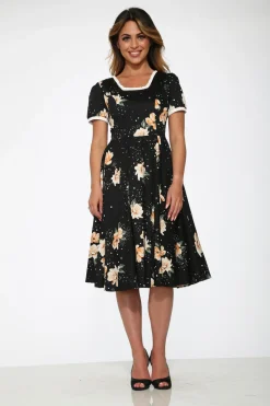 Black & Yellow Floral Swing Dress Outlet