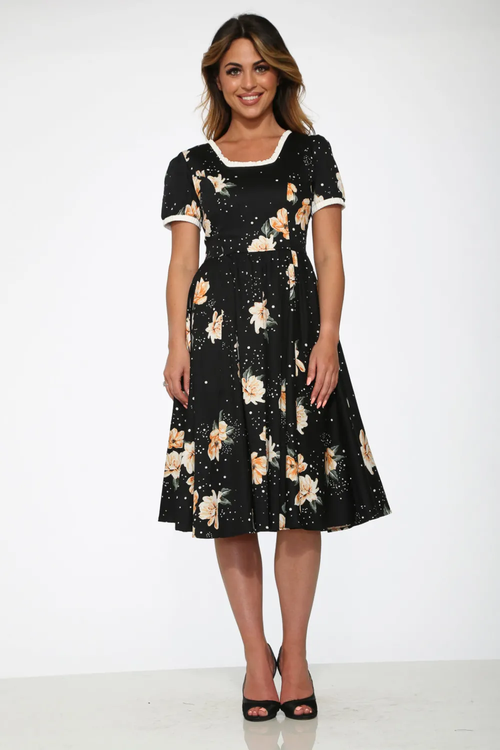 Black & Yellow Floral Swing Dress Outlet