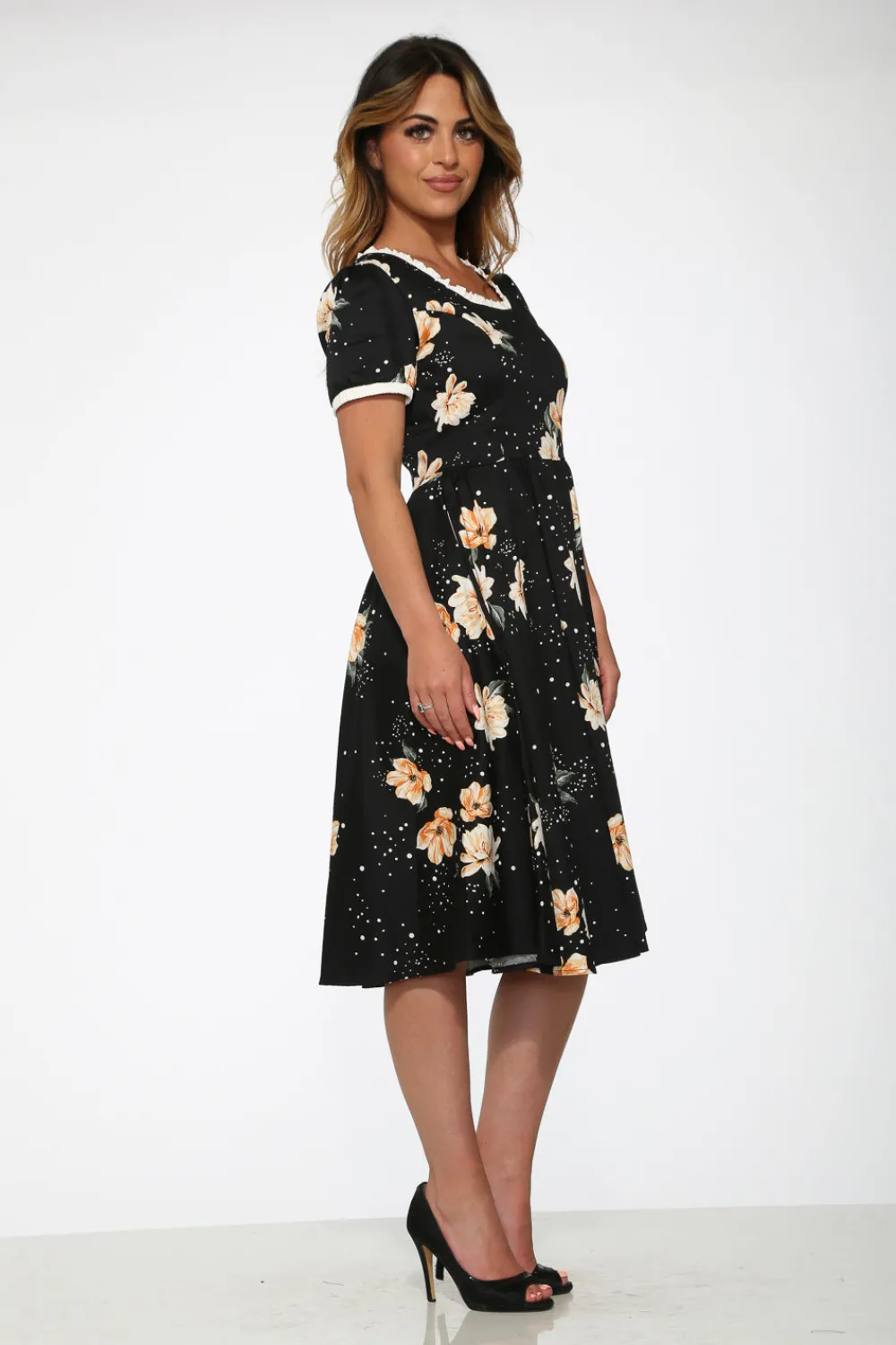 Black & Yellow Floral Swing Dress Outlet