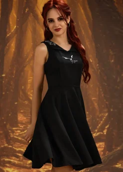Black Bat Embroidered Swing Dress New