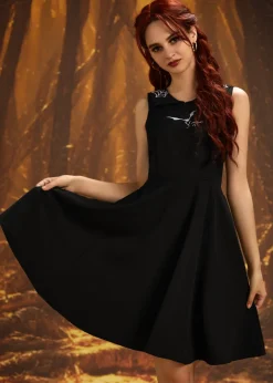 Black Bat Embroidered Swing Dress New