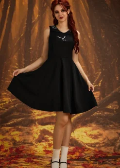 Black Bat Embroidered Swing Dress New