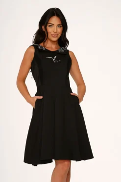 Black Bat Embroidered Swing Dress New