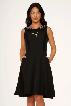 Black Bat Embroidered Swing Dress New