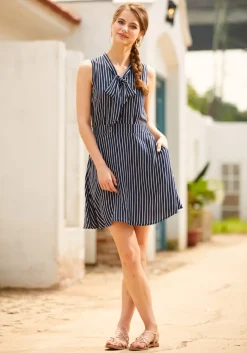 BTC Bliss In a Swish Tie-Neck Dress Navy Stripe
