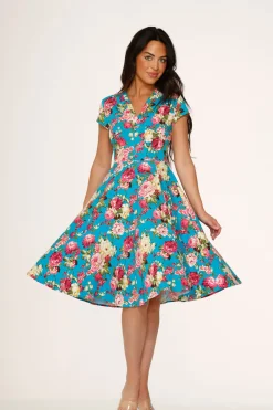 Blue & Pink Floral Swing Dress