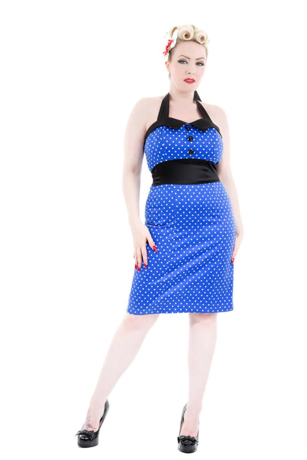 Blue & White Polka Dot Halter Wiggle Dress Sale