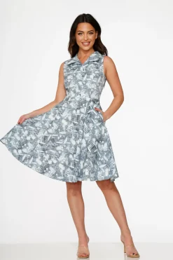 Blue Hawaiian Palm Tree Print Swing Dress