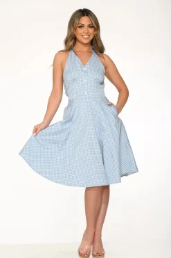 Blue White Checkmate Halter Swing Dress New
