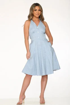 Blue White Checkmate Halter Swing Dress New