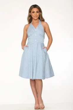 Blue White Checkmate Halter Swing Dress New
