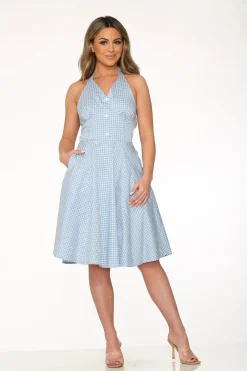 Blue White Checkmate Halter Swing Dress New