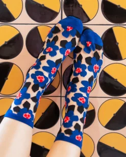 Bold Blue Floral Sheer Crew Sock Clearance