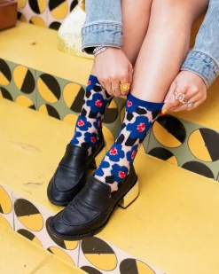 Bold Blue Floral Sheer Crew Sock Clearance