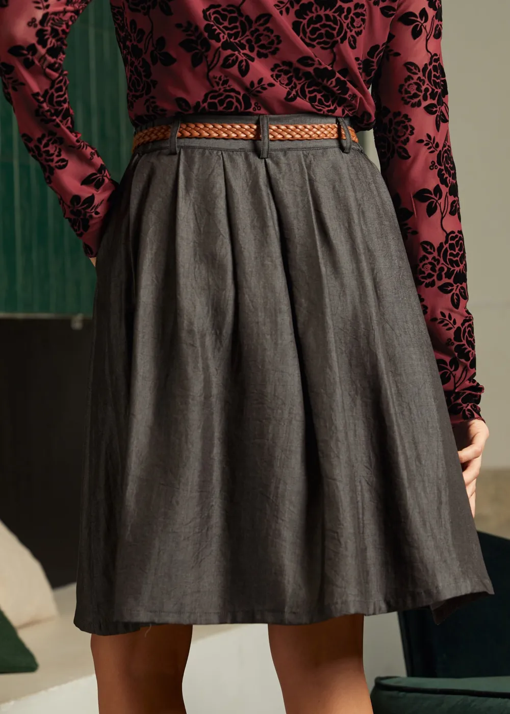 BTC Bookstore's Best Chambray A-Line Skirt Black Denim Sale