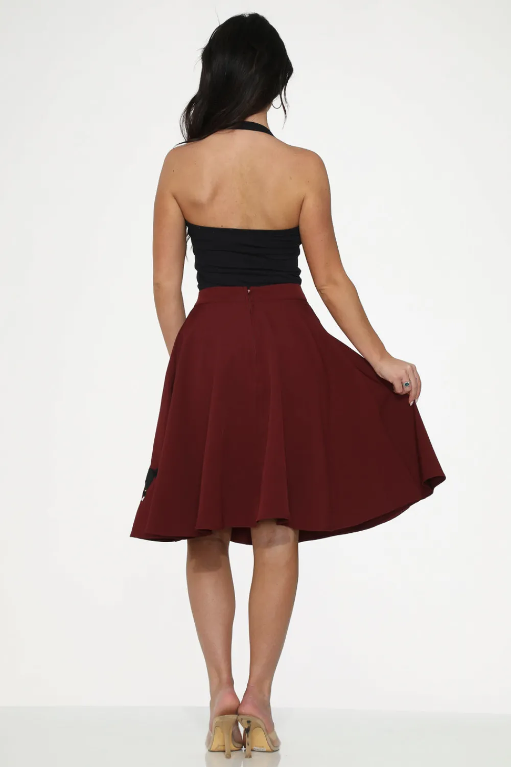 Burgundy Black Embroide Poodle Swing Skirt Red Sale