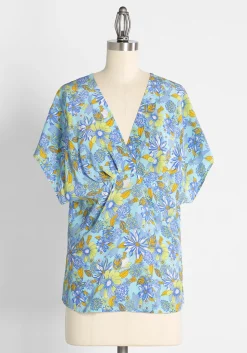 Profits Fund Fashion Manufacturing Ltd Day Vibe Doll Silk Dolman Top Sea Blue Floral Hot