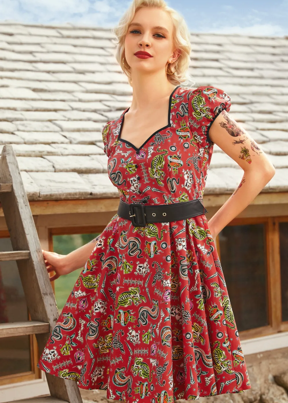 Drive In Delight Fit & Flare Dress Red Tattoo Print Discount