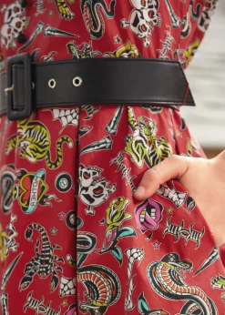 Drive In Delight Fit & Flare Dress Red Tattoo Print Discount