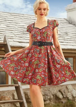 Drive In Delight Fit & Flare Dress Red Tattoo Print Discount