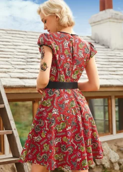 Drive In Delight Fit & Flare Dress Red Tattoo Print Discount