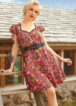 Drive In Delight Fit & Flare Dress Red Tattoo Print Discount