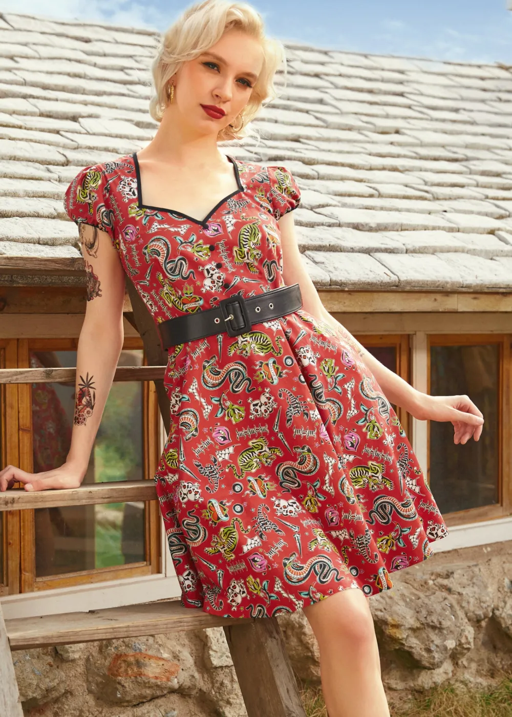 Drive In Delight Fit & Flare Dress Red Tattoo Print Discount