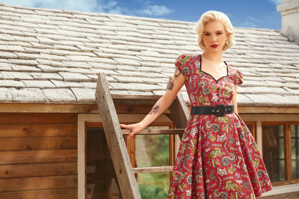 Drive In Delight Fit & Flare Dress Red Tattoo Print Discount