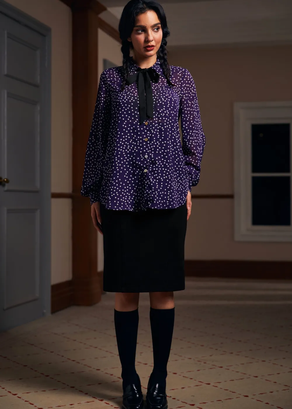 BTC Enchanted Evening Collared Blouse Plum Polka Dot Clearance