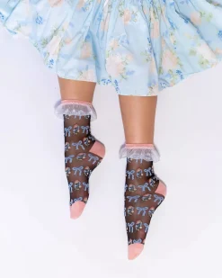 Floral Bow Ruffle Black Sheer Ankle Sock Discount
