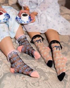 Floral Bow Ruffle Black Sheer Ankle Sock Discount