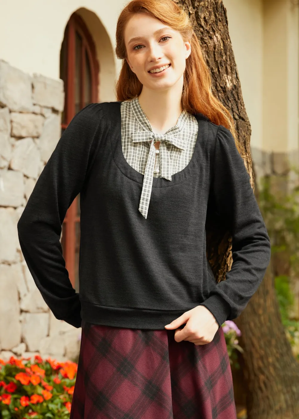 BTC Flow & Function Tie Neck Long Sleeve Top Gothic Gala Plaid Best