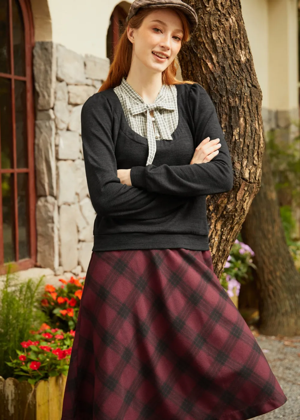 BTC Flow & Function Tie Neck Long Sleeve Top Gothic Gala Plaid Best