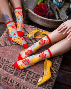 Flower Power Sheer Crew Sock Hot