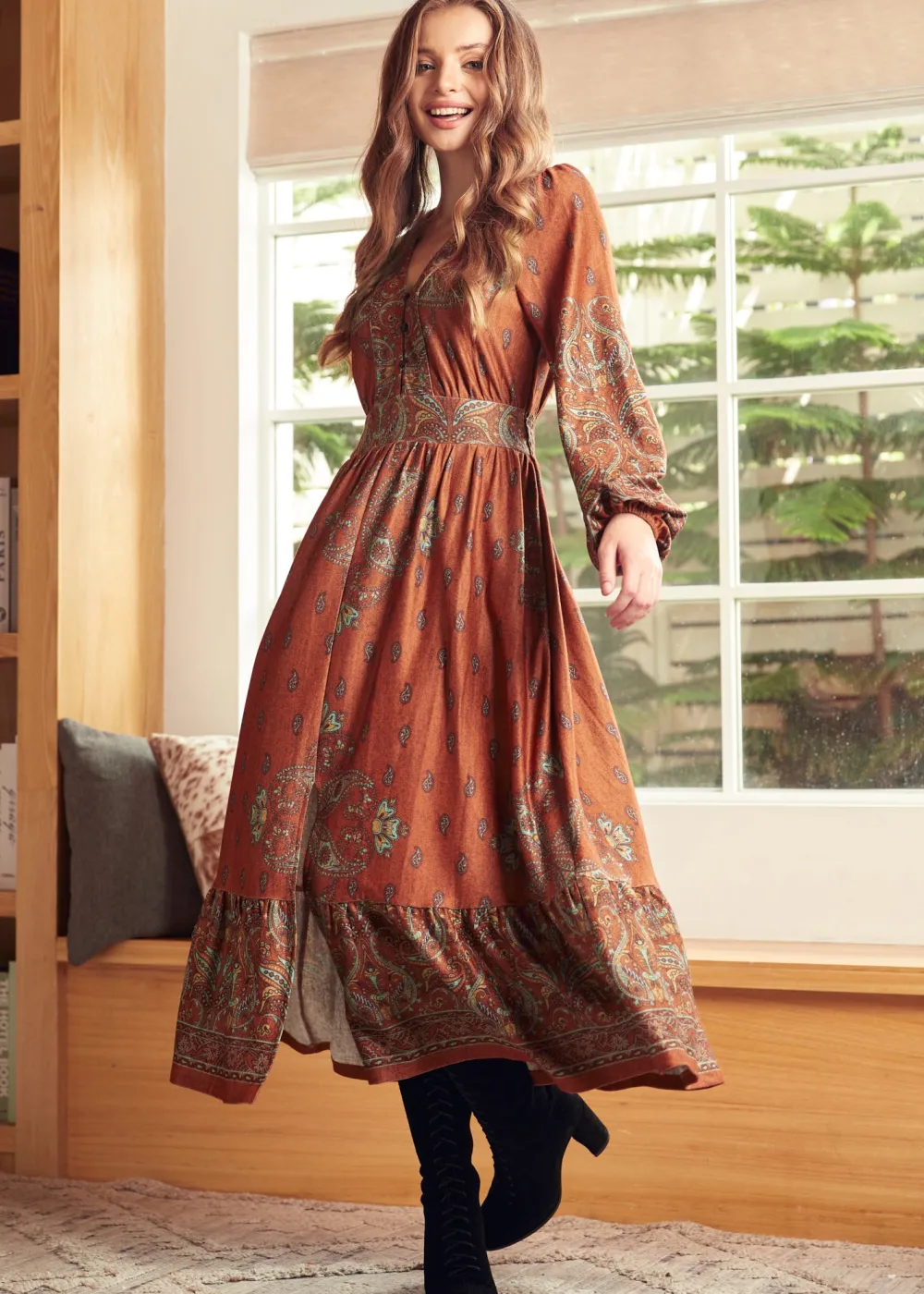 BTC Goldie Hour V-Neck Midi Dress Terra Cotta Twist Best