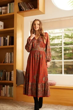 BTC Goldie Hour V-Neck Midi Dress Terra Cotta Twist Best